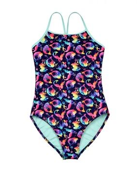 Girls Rainbow Mermaid One Piece Swimsuit Size L 10-12 Bathing Suit